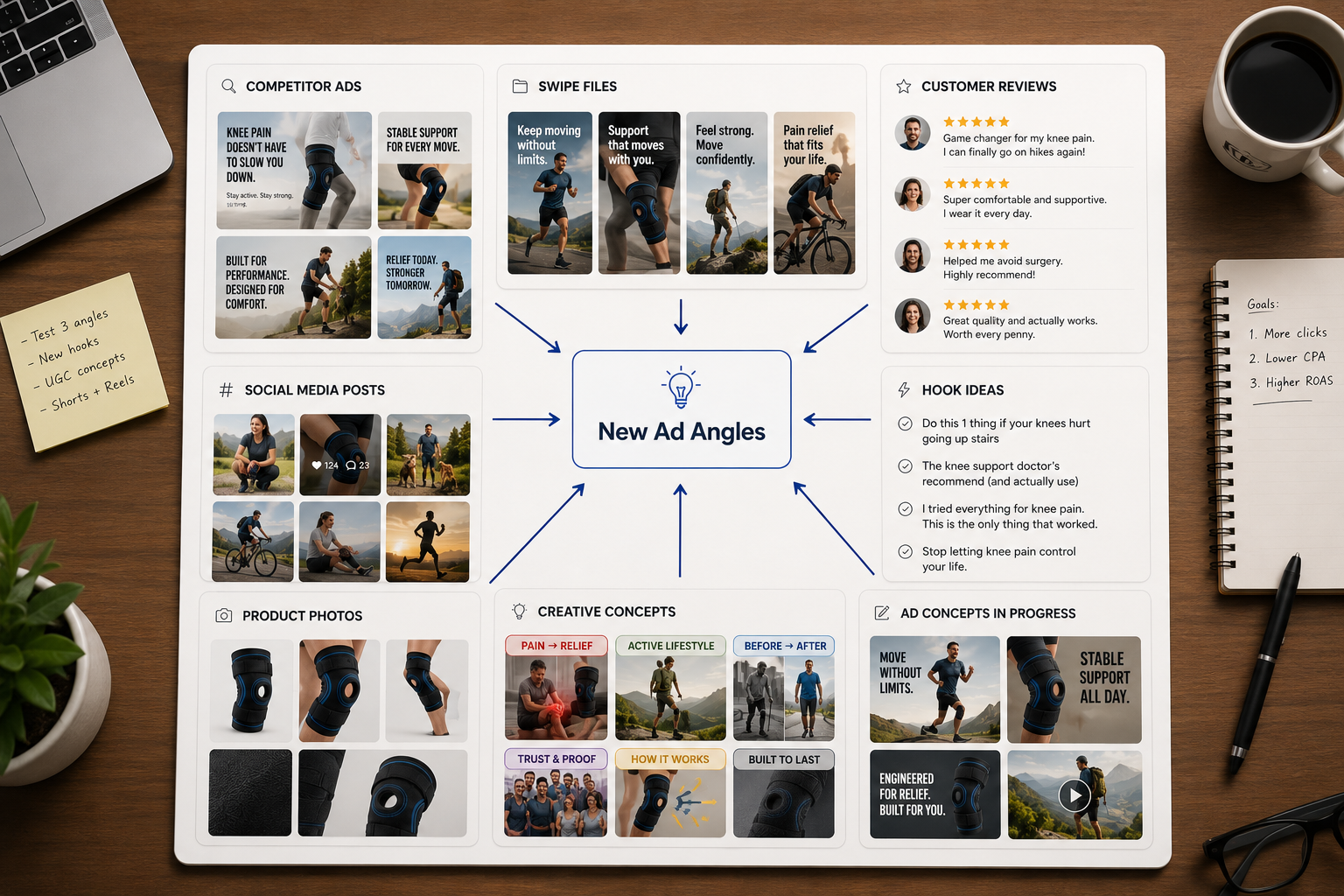 Winning angles are usually discovered through research, iteration, and swipe files.