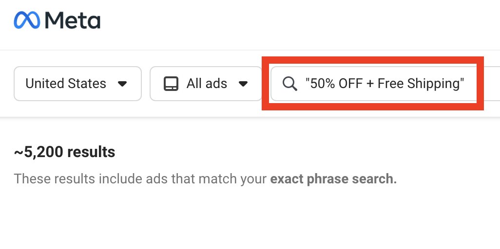 Meta Ad Library search showing active ads for product research