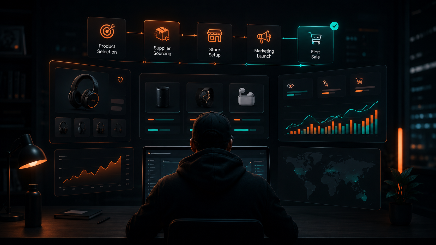 Ecommerce operator dashboard showing ad metrics, creative testing, and data analysis